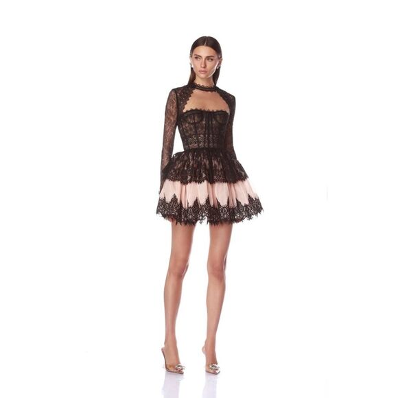 NWOT BRONX AND BANCO Daphne Illusion Corset Lace Mini Dress w Long Sleeve - Picture 4 of 16